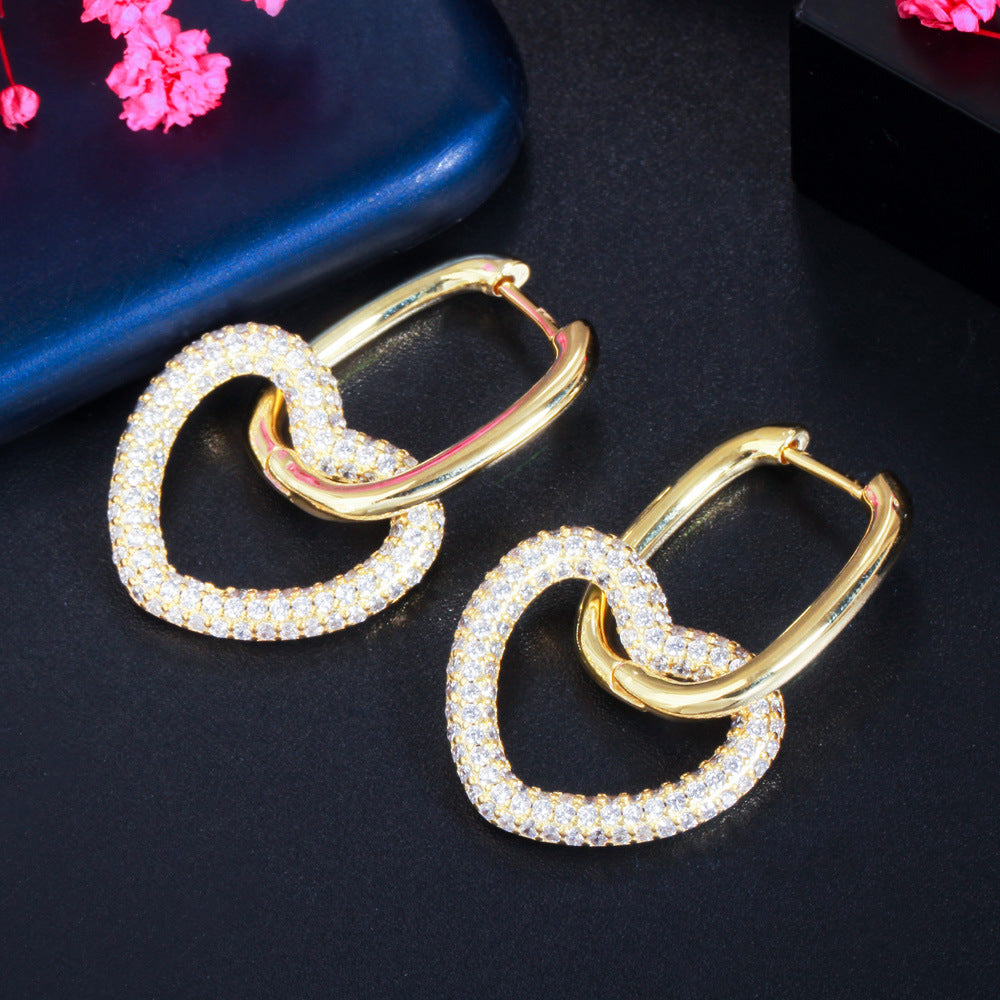 New style personalized double-ring heart-shaped earrings with embedded colorful zircons, trendy hip-hop style earrings