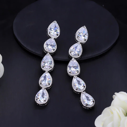 Korean version of European-style minimalist fashion earrings Long AAA zirconium electroplated white K waterdrop earrings