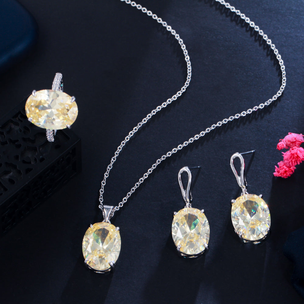 Ins Cool Style Necklace Earrings - Elegant Luxurious, Small-Scale Minimalist Zirconia Drop Earrings Ring Set Three-Part Chain