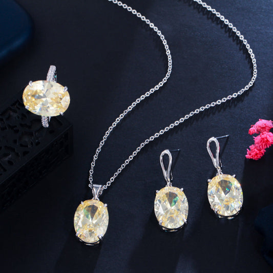 Ins Cool Style Necklace Earrings - Elegant Luxurious, Small-Scale Minimalist Zirconia Drop Earrings Ring Set Three-Part Chain