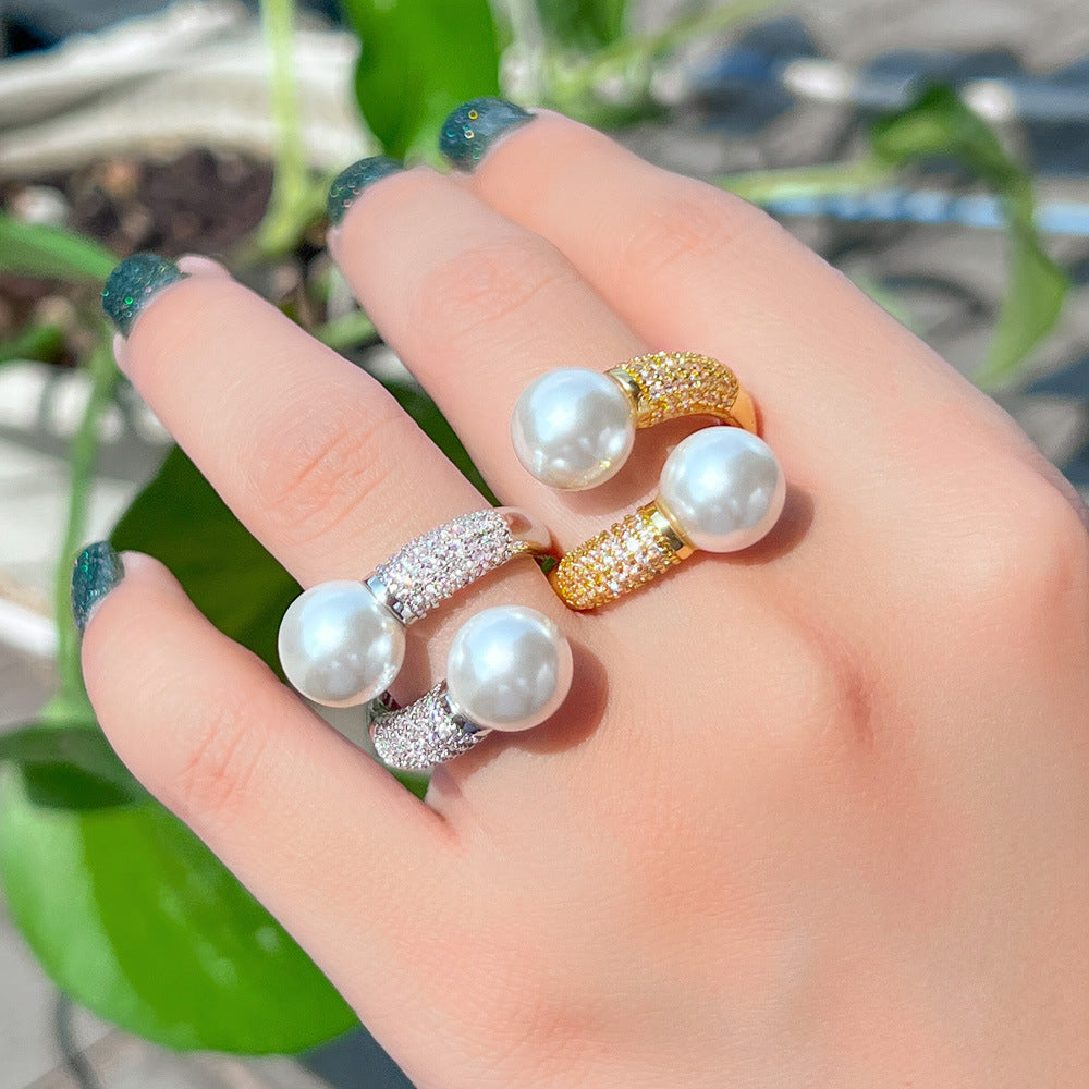 Korean version of minimalist and niche-style simple double-pearl open ring with micro-set zirconia popular on live-streaming versatile accessory for all occasions