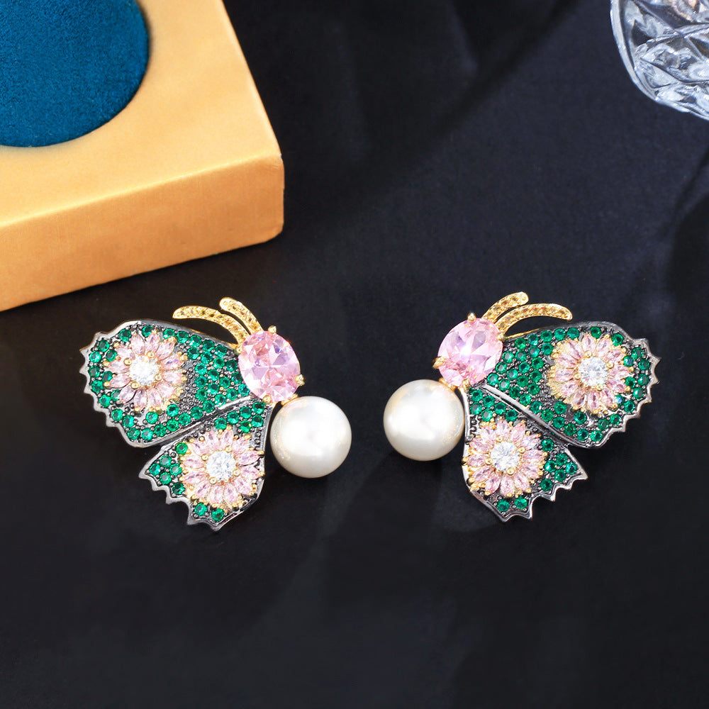 Dazzling fashionable luxurious full of diamonds colorful butterfly pearl earrings with micro-set zircon stones gold-plated copper ear jewelry ear pendants
