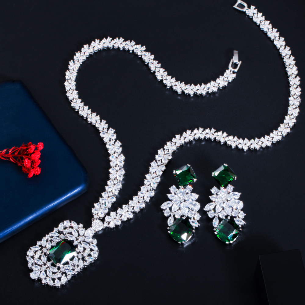 Korean-style bridal zircon necklace earrings and chain set for wedding banquet evening party and party wear set of jewelry