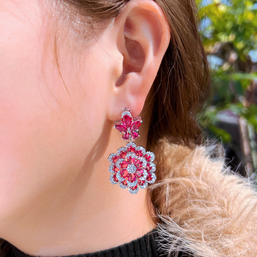 S925 silver needle luxury niche design double-layer flower-shaped synthetic red corundum earrings stylish and elegant zircon earrings