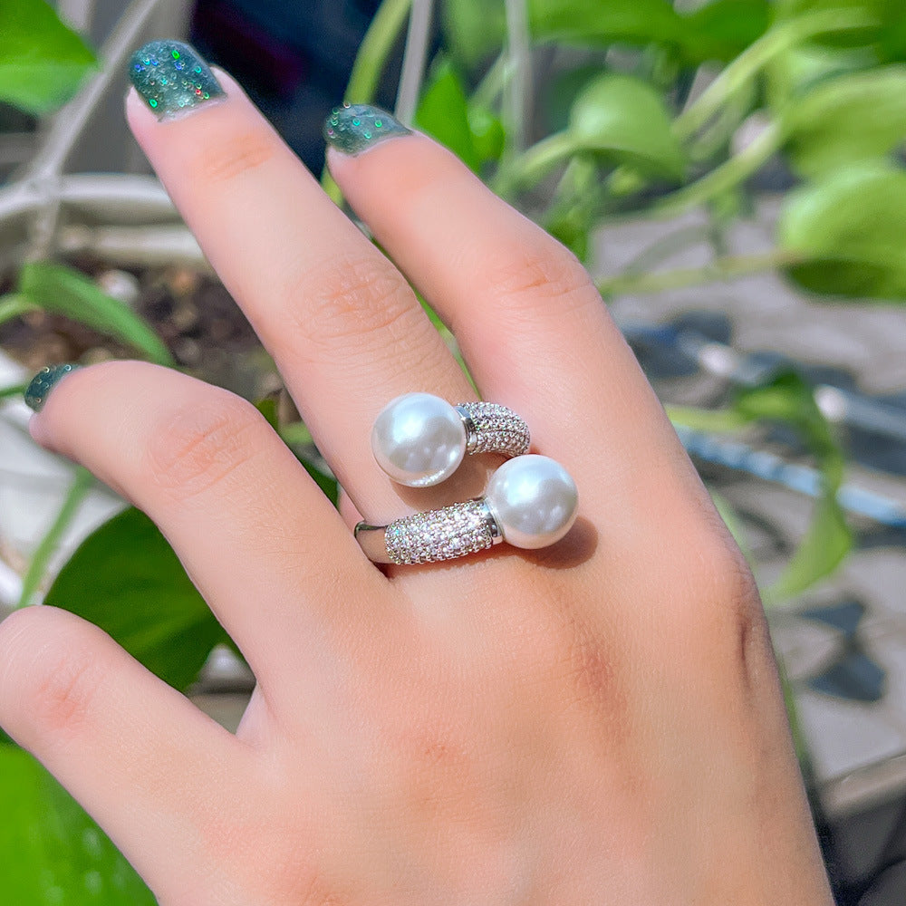 Korean version of minimalist and niche-style simple double-pearl open ring with micro-set zirconia popular on live-streaming versatile accessory for all occasions