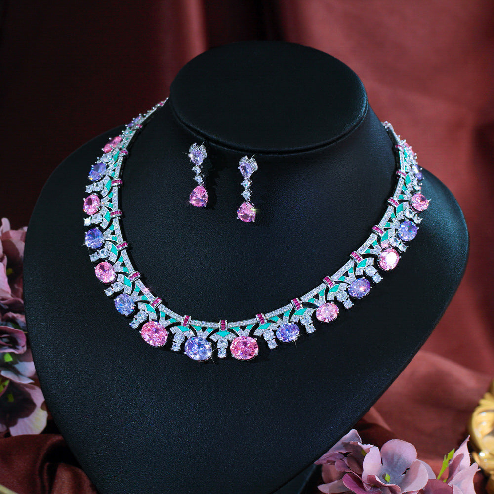 Star-studded style necklace and earrings set with chain elegant enamel heavy-duty set formal dress set zircon jewelry set