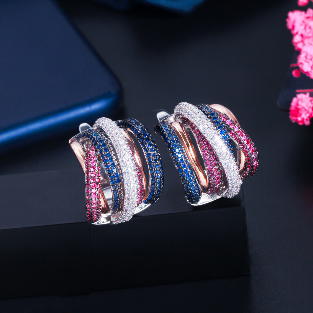 Best-selling earrings - three-color electroplated with tiny-set zirconia - eye-catching earrings with ear clasps