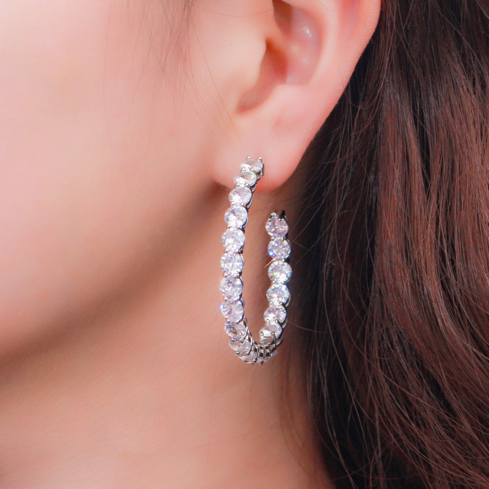 S925 pure silver needle fashion zirconia earrings with large round ear hooks cool style suitable for girls simple and elegant Korean-style earrings