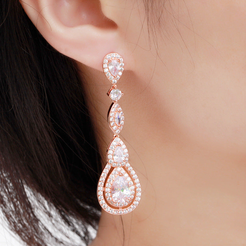 European style long-style earrings with S925 silver hooks set with AAA zirconia stones, fashionable and versatile drop earrings