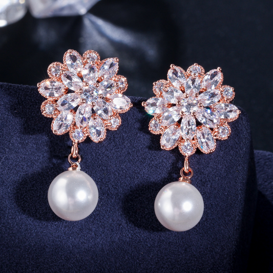 European-style bridal earrings - pearl with tiny inlaid zirconia combination earrings
