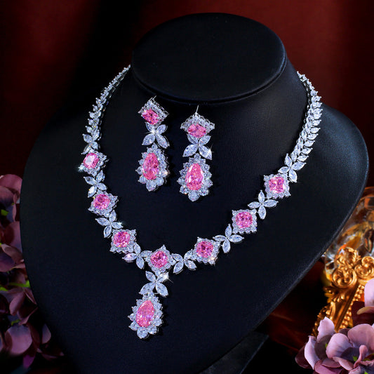 European and American popular jewelry style fashionable pink diamond necklace and earrings set as a two-piece set for formal evening gowns and wedding dresses pink diamond set