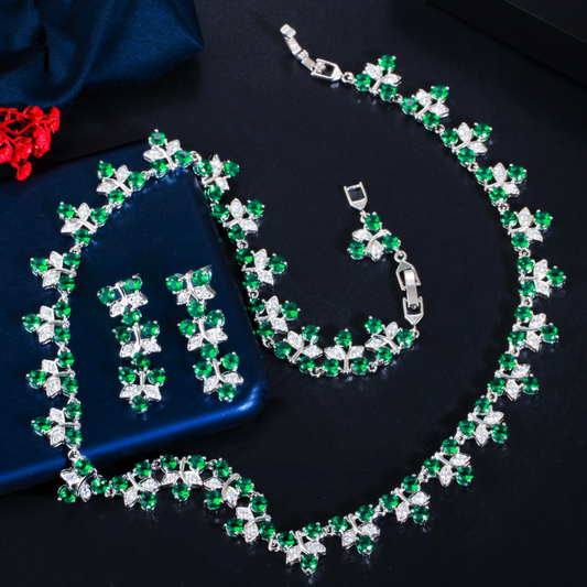 European and American trend simple and fashionable zirconium leaf-shaped bridal necklace and dress matching elegant earrings two-piece set