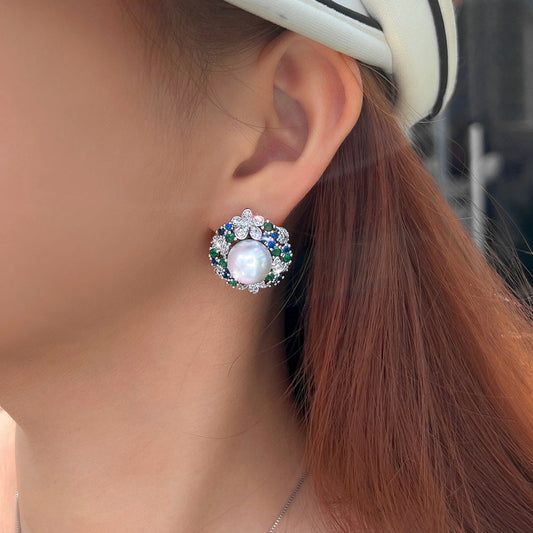 S925 silver filigree light luxury emerald sunflower pearl earrings - a unique piece featuring zirconium stone inlaid flower-shaped earrings