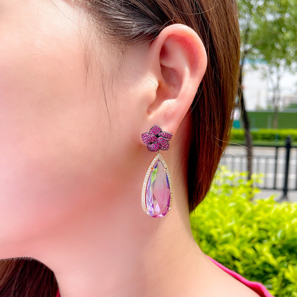 European and American exaggerated and indifferent style stud earrings with zircon stones S925 silver hooks formal evening wear simple water-drop style long earrings