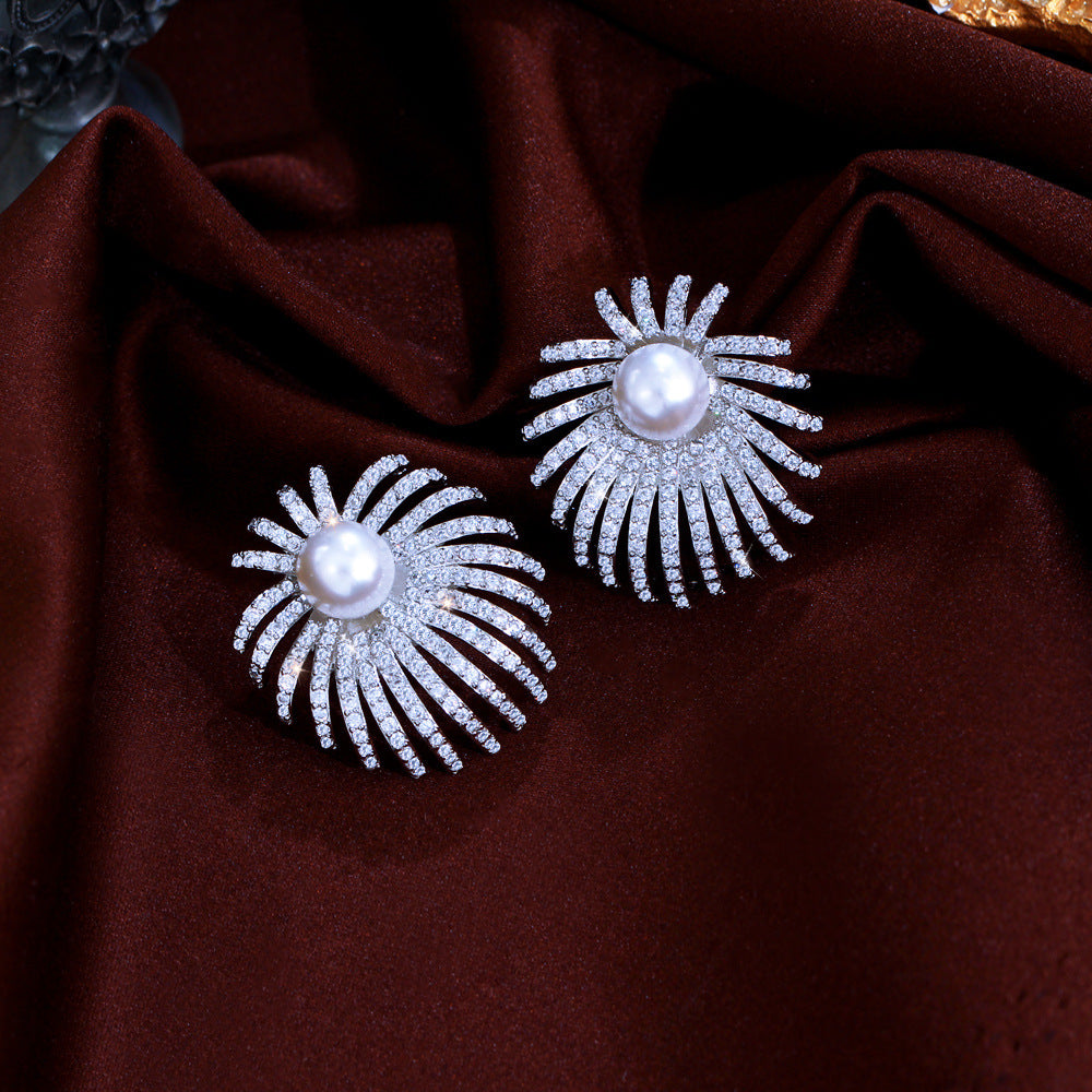 S925 silver filigree vintage sparkling fireworks pearl zirconia earrings - unique and versatile design with micro-set full diamond ear studs