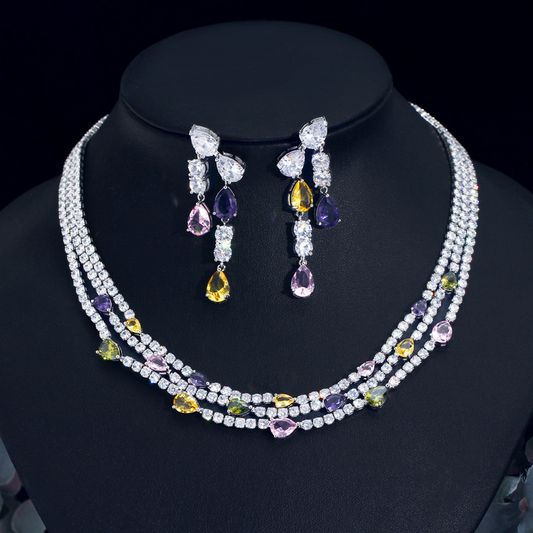 French-style minimalist luxury diamond evening dress necklace with multiple layers of diamond drop collar chain earrings and chain bracelet set