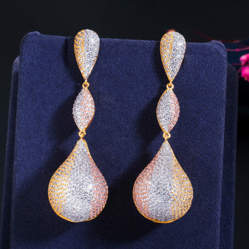 Micro-set zirconia earrings copper-plated with three-color full diamonds irregular long style elegant ear pendants