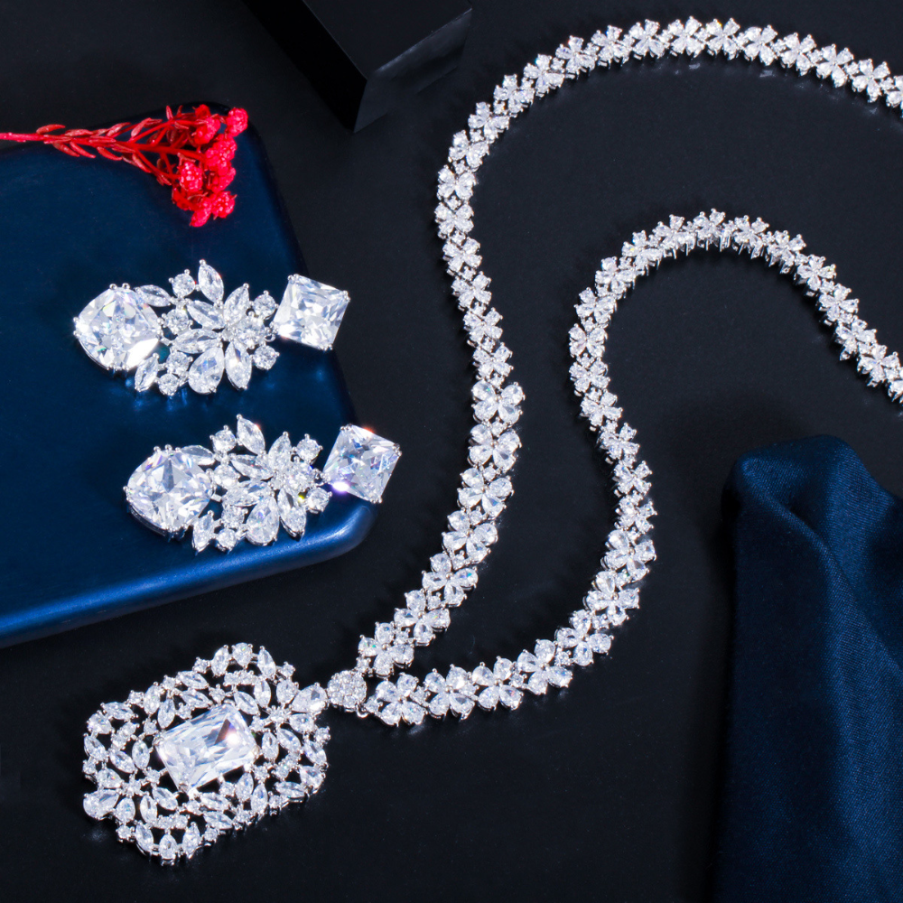 Korean-style bridal zircon necklace earrings and chain set for wedding banquet evening party and party wear set of jewelry