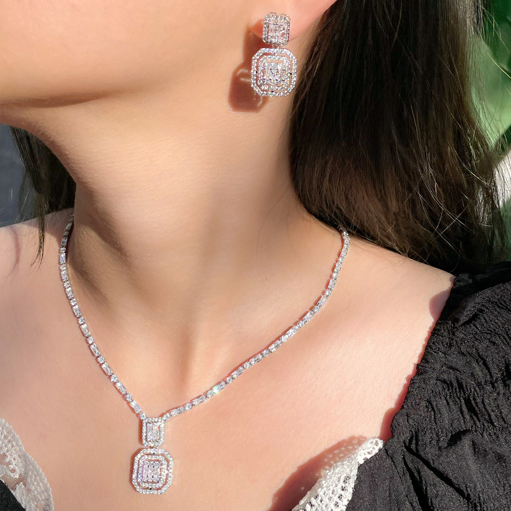 Retro minimalist style square zirconia stud earrings and necklace set chain Lightly luxurious and niche design bridal gown set