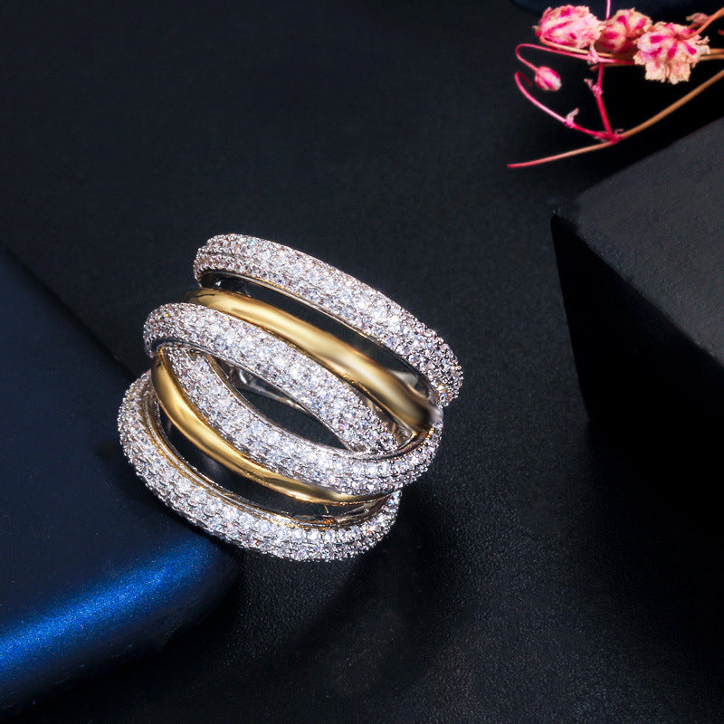 European and American style micro-set diamond ring with double-color electroplating finger ring