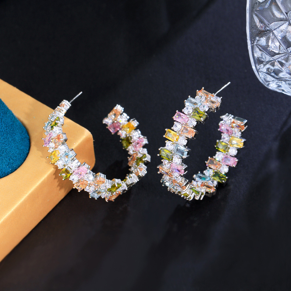 S925 silver needle heavy industry color C-ring earrings elegant candy-shaped square zirconia irregular colored diamonds small earrings that enhance facial appearance