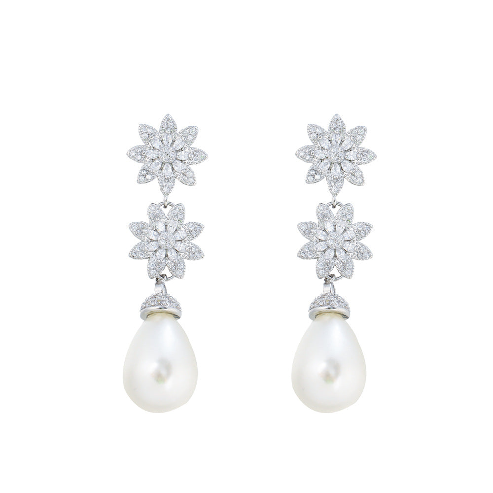 S925 silver filigree earrings with European style, luxurious and elegant, featuring delicate flower and pearl designs with tiny inlaid zirconia stones Suitable for high-class ladies Ear jewelry