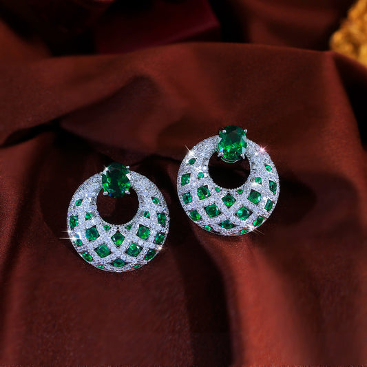 S925 silver jewelry - Korean-style fashionable and luxurious ear accessories with gemstones Emerald round stud earrings