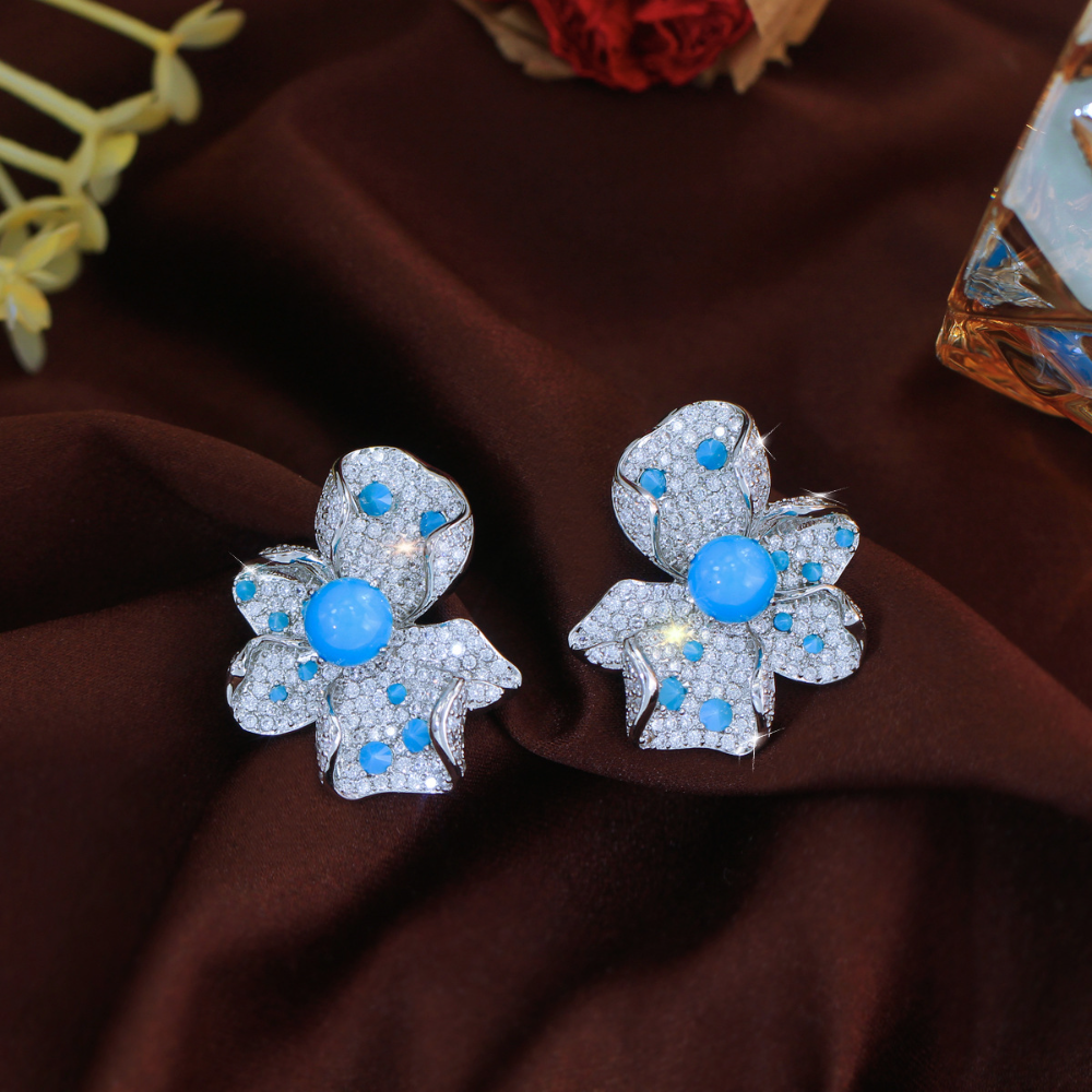 Court-style minimalist luxury full of zircon flowers and blue turquoise S925 silver needle-shaped earrings and earings elegant and grand jewelry style ear accessories