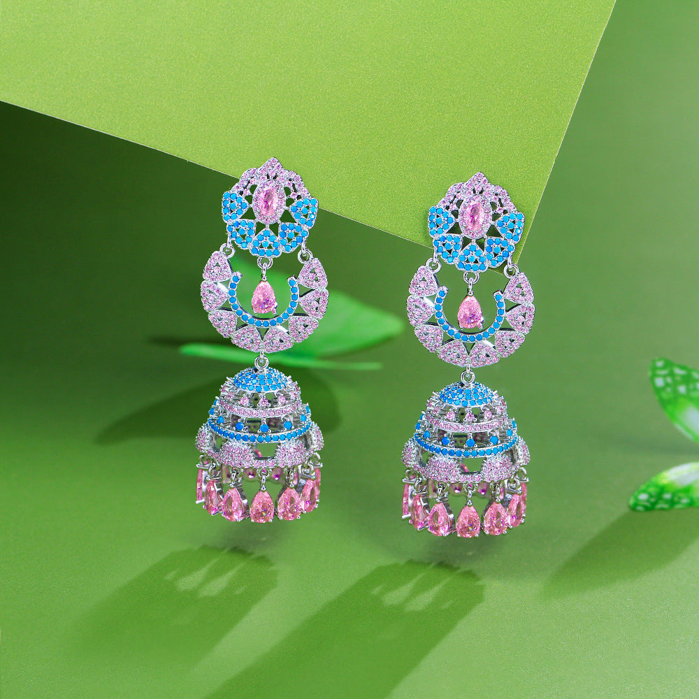 S925 silver needle luxury glittering with full diamonds heavy-weight three-dimensional wind chime long-style ear pendant with micro-set colored zircon bells earrings accessory