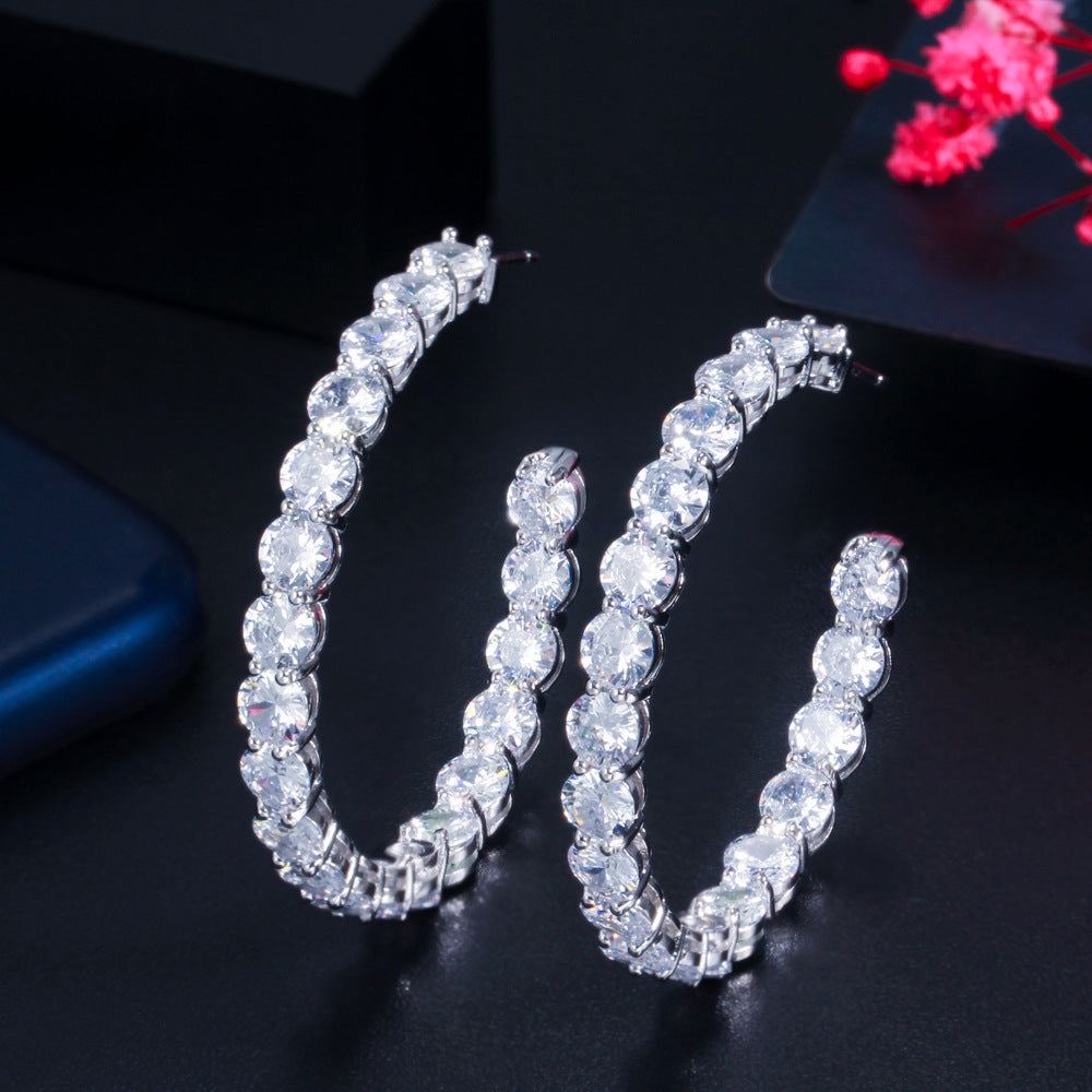 S925 pure silver needle fashion zirconia earrings with large round ear hooks cool style suitable for girls simple and elegant Korean-style earrings