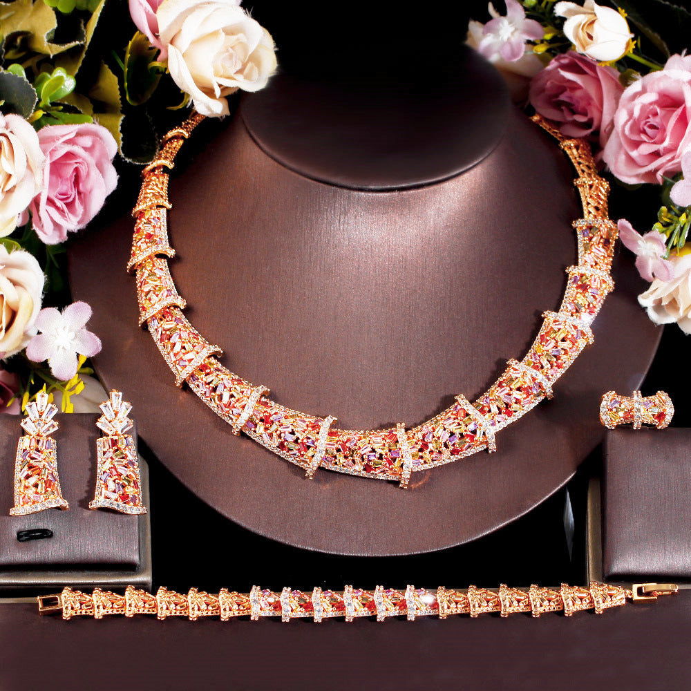 European and American fashion colored zircon jewelry set - including a wedding dress chain wedding dress evening gown necklace earrings ring bracelet and anklet set