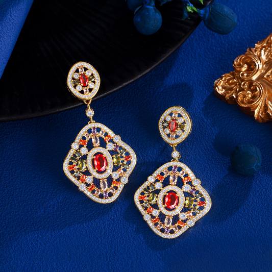 Retro luxury court-style diamond-encrusted earrings luxurious colored zirconia earrings elegant jewelry for the Rulie street shoot and fashion show accessories