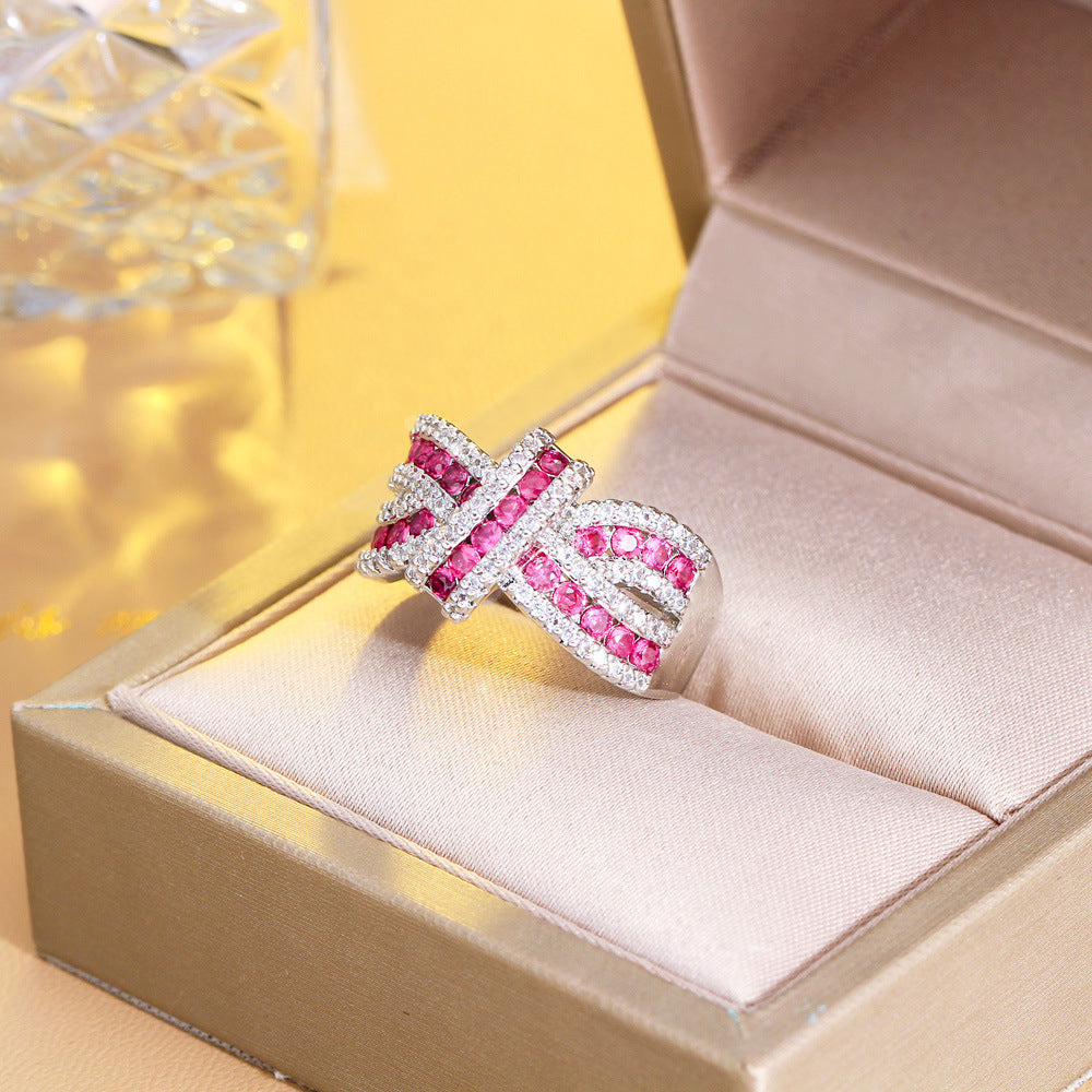Luxury chic sparkling three-dimensional bow set with diamonds open ring irregular strip-shaped crossed zirconium ring finger ring