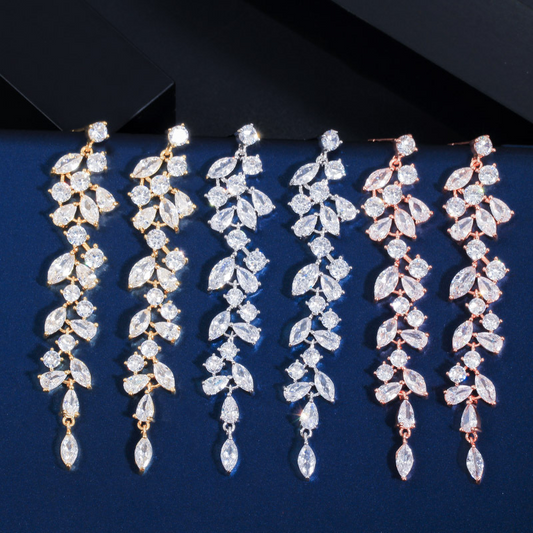 Korean-style classic petal long-drop drop-sleeve earrings with zircon and full-diamond inlay trendy earrings