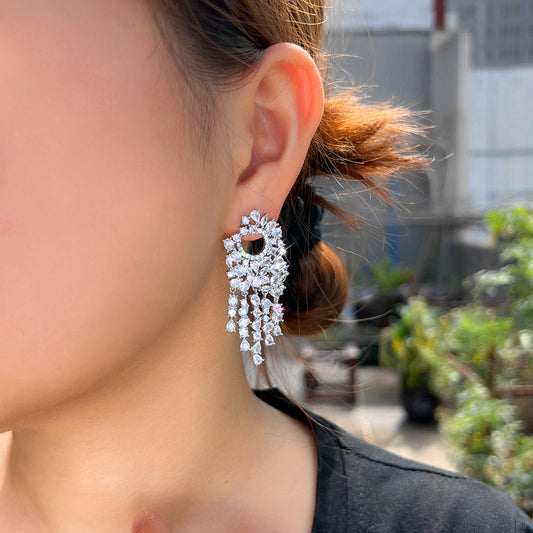 Korean minimalist luxury-style zircon pendant earrings with fringes high-end ear accessories unique design makes face look smaller full diamond earrings