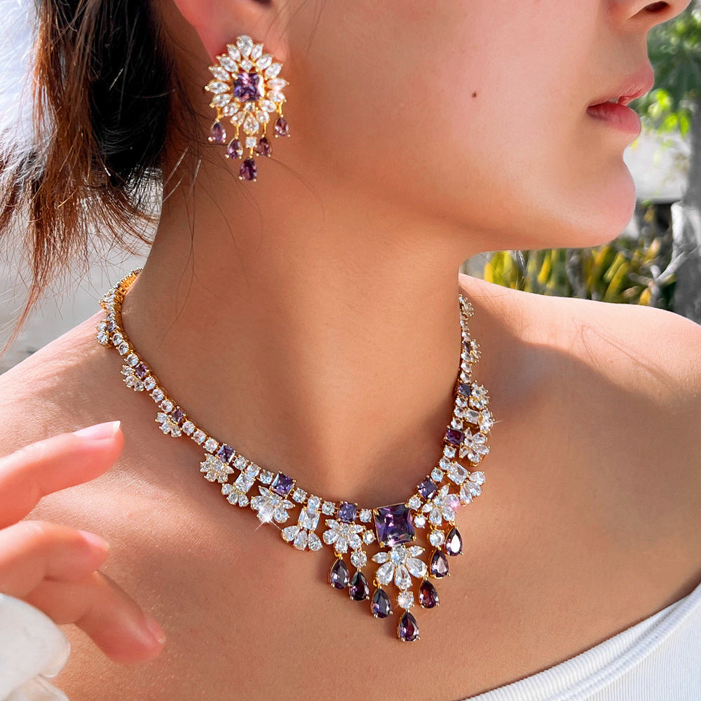European-style bride jewelry - two-piece set of zirconia diamond-filled elegant necklace and earrings formal evening accessory set matching chain