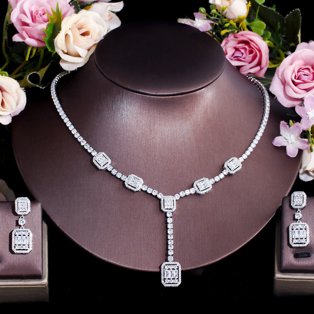 European and American bride jewelry set - dazzling zircon wedding necklace earrings two-piece chain evening gown dress wedding accessory set