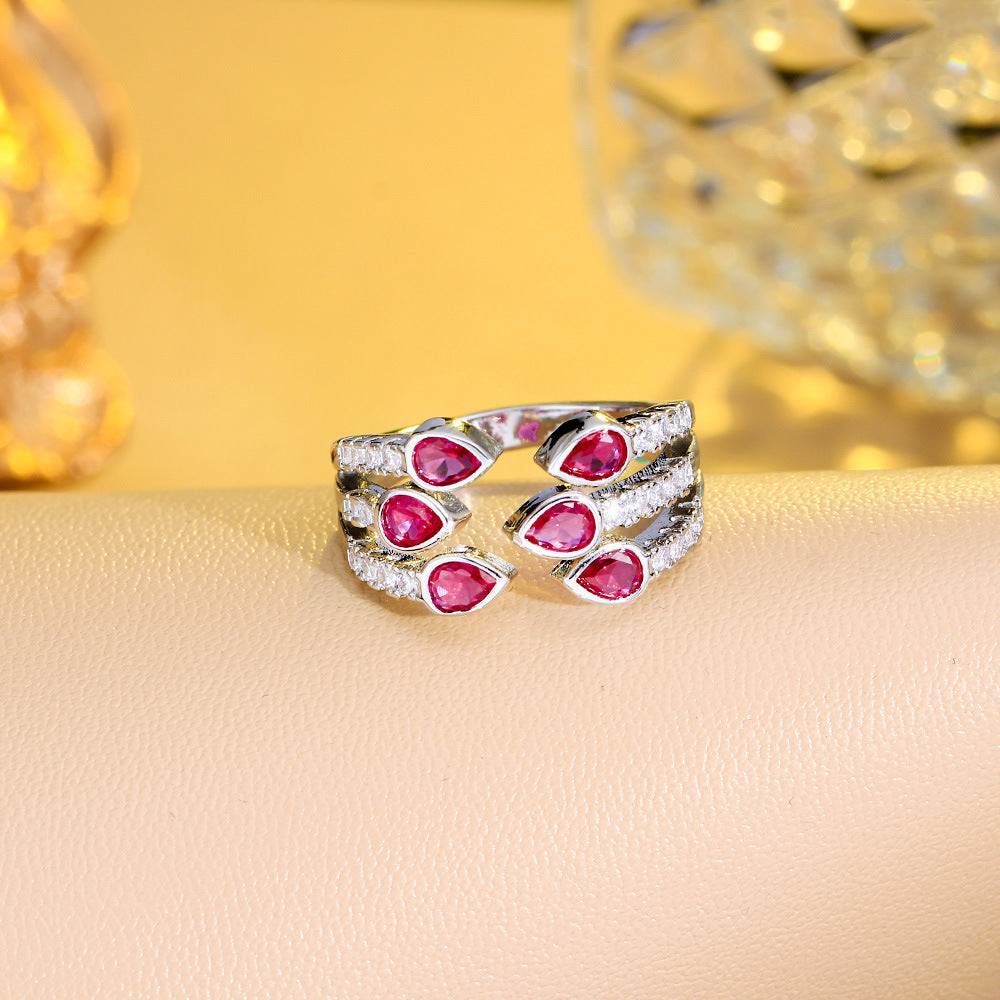 Japanese and Korean sweet waterdrop ruby ring with tiny inlaid zircons a unique design with a high-end touch a three-row handpiece ring