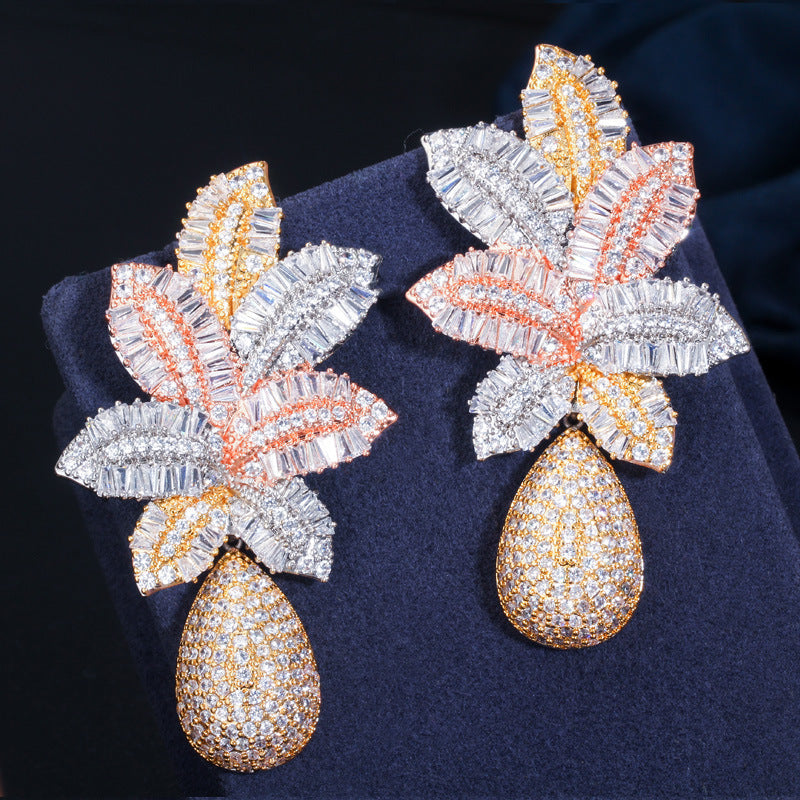 S925 silver needle European-style atmospheric trapezoid zirconium tri-color electroplated earrings tropical pineapple large earrings