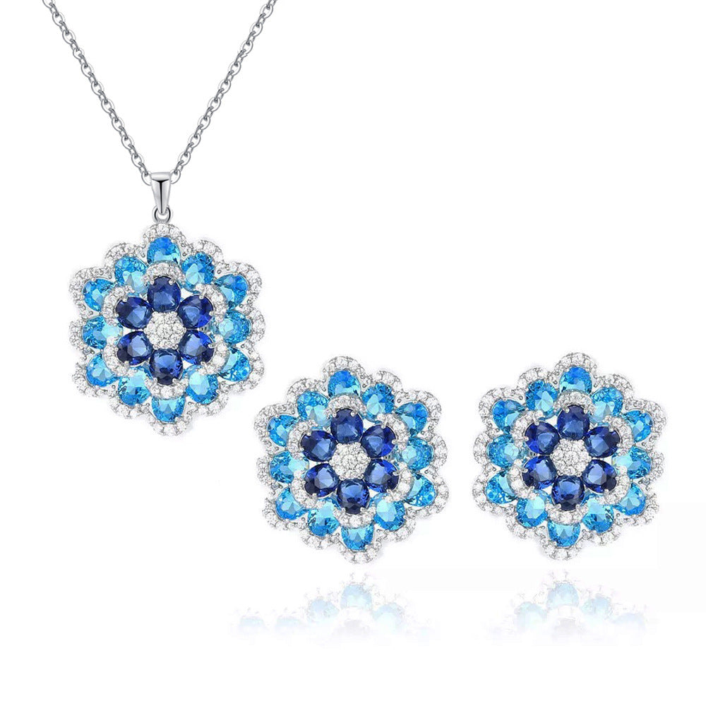 S925 silver needle French-style minimalist vintage double-layer three-dimensional full-diamond blue flower necklace stud set chain zirconium jewelry set