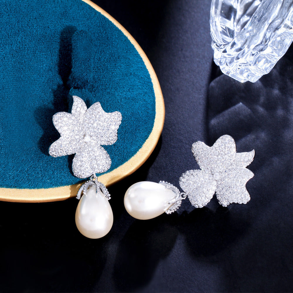 S925 silver jewelry - Korean Dongdaemun high-end style zircon flower-shaped pearl earrings - unique and exclusive ultra-bright earrings and stud earrings
