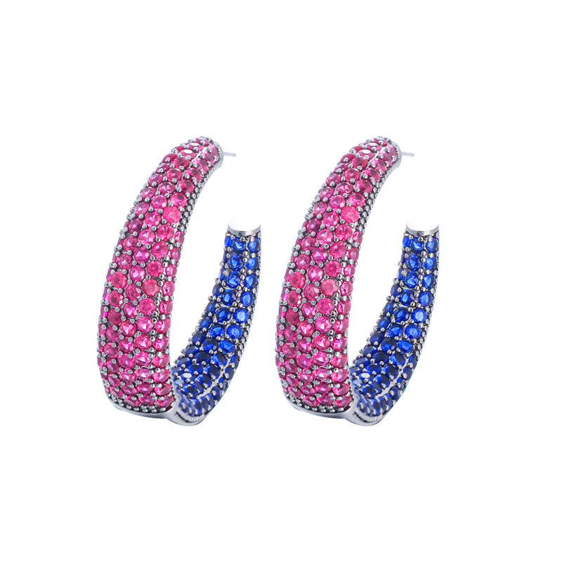 S925 silver needle European luxury exaggerated and grand circular ear stud earrings with black zirconium gemstone inlay, ear jewelry C-shaped earrings