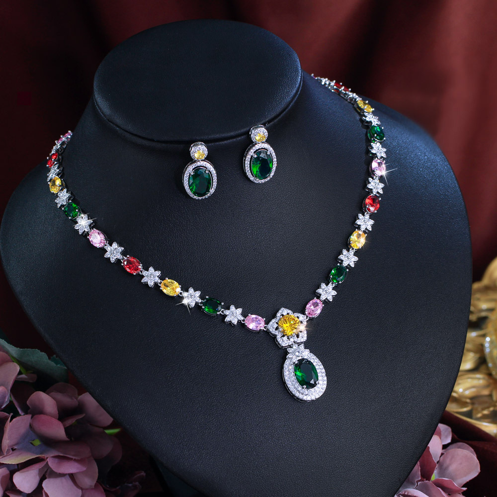 European and American fashionable colorful zircon necklace earrings bracelet evening dress formal wear bridal jewelry set