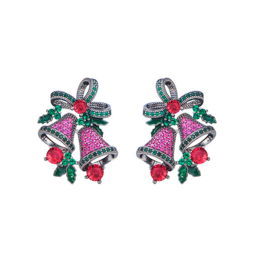 S925 silver thread Christmas series luxury and fashionable colorful bell earrings with bow and tiny set zirconia wind chime ear accessories