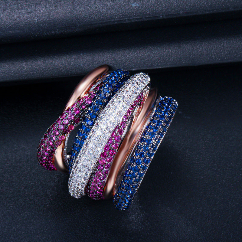 European and American personalized creative ring with micro-set five-row AAA zirconia stonesGuaranteed color stability