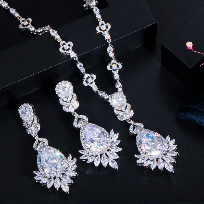 New bride's wedding dress zircon bracelet wedding jewelry necklace earrings two-piece set
