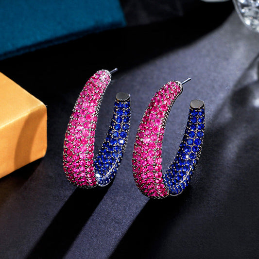 S925 silver needle European luxury exaggerated and grand circular ear stud earrings with black zirconium gemstone inlay, ear jewelry C-shaped earrings