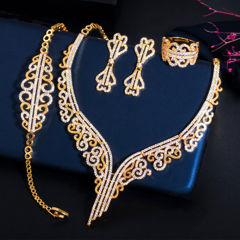 New European and American style set jewelry batch electroplated with K gold necklace earrings bracelet and ring set