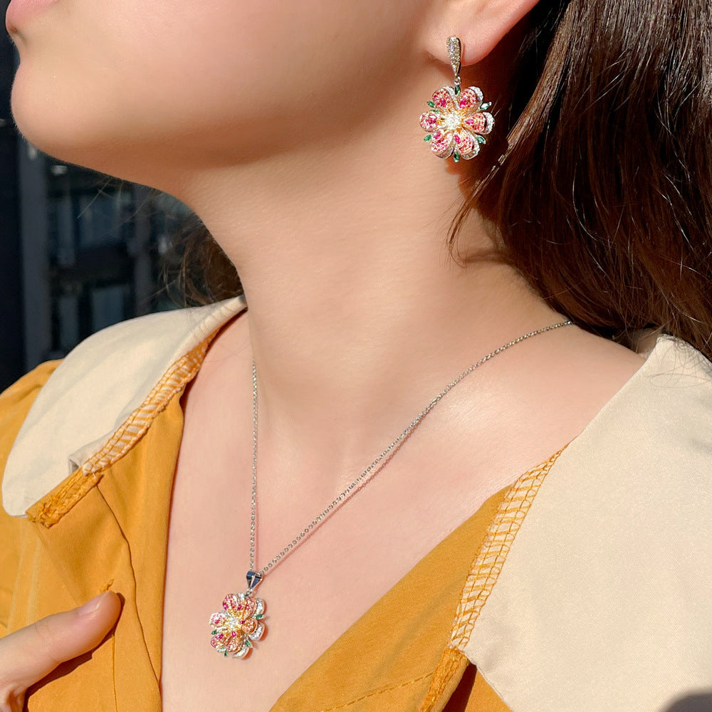 European and American rose-shaped earrings and necklace set - three-dimensional camellia flower colored zirconium stone chain - fashionable and versatile ear accessories and necklaces