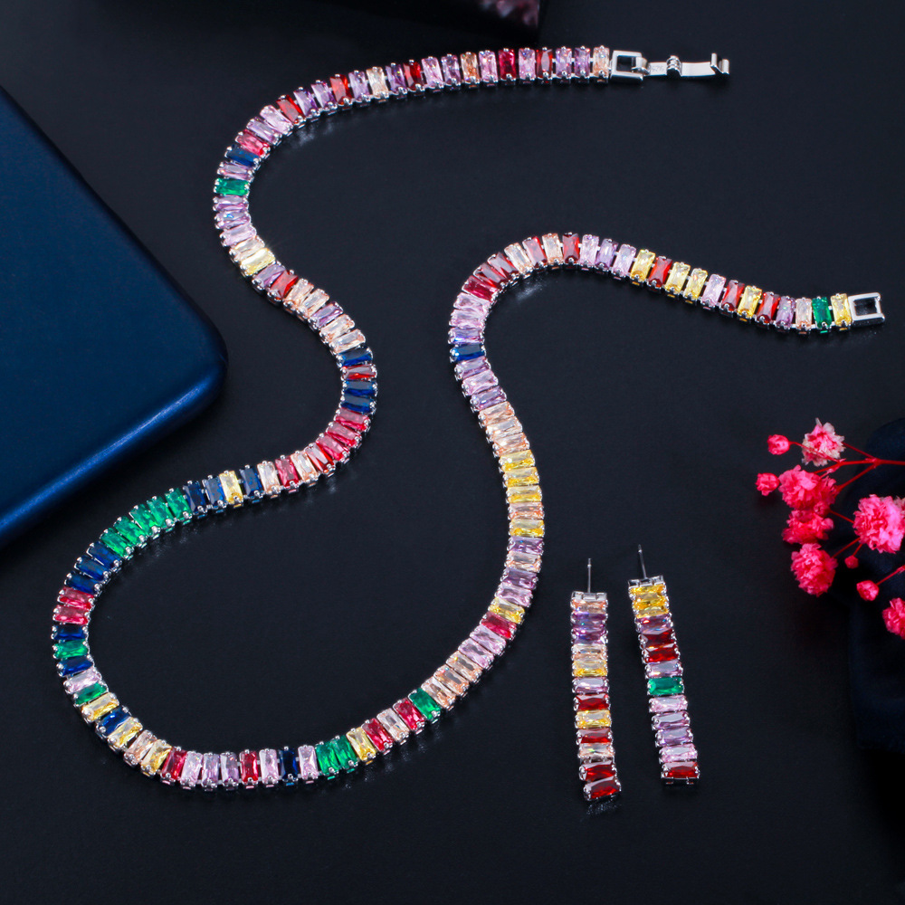 European and American full-cut diamond simple rainbow-colored zircon necklace fashionable evening party necklace earrings set